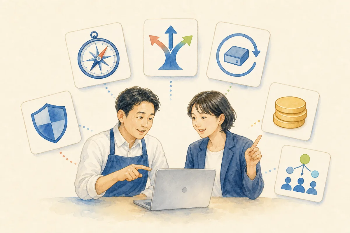 事業者と制作者が、選定理由・安全・費用・復旧などを一緒に確認する図