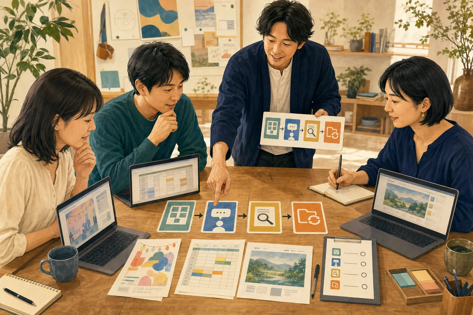 地域事業者が実際の告知、集計、Webページ、資料を持ち込んでAIエージェント講座を受ける様子