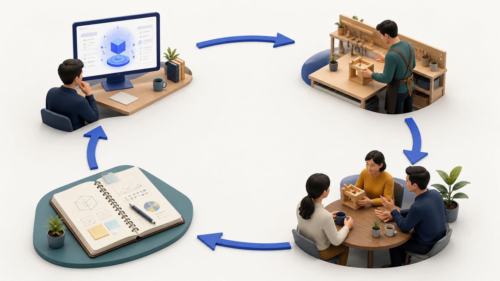 AIの仮説、現場での実装、利用者の反応、経験の記録が循環しているイメージ