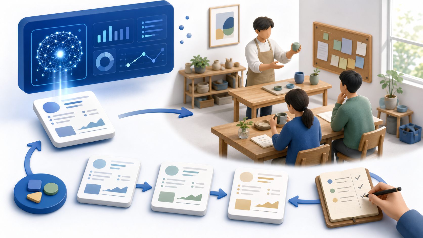 AIが作った計画を小さな店舗や現場で試し、利用者の反応を確認して改善する循環のイメージ