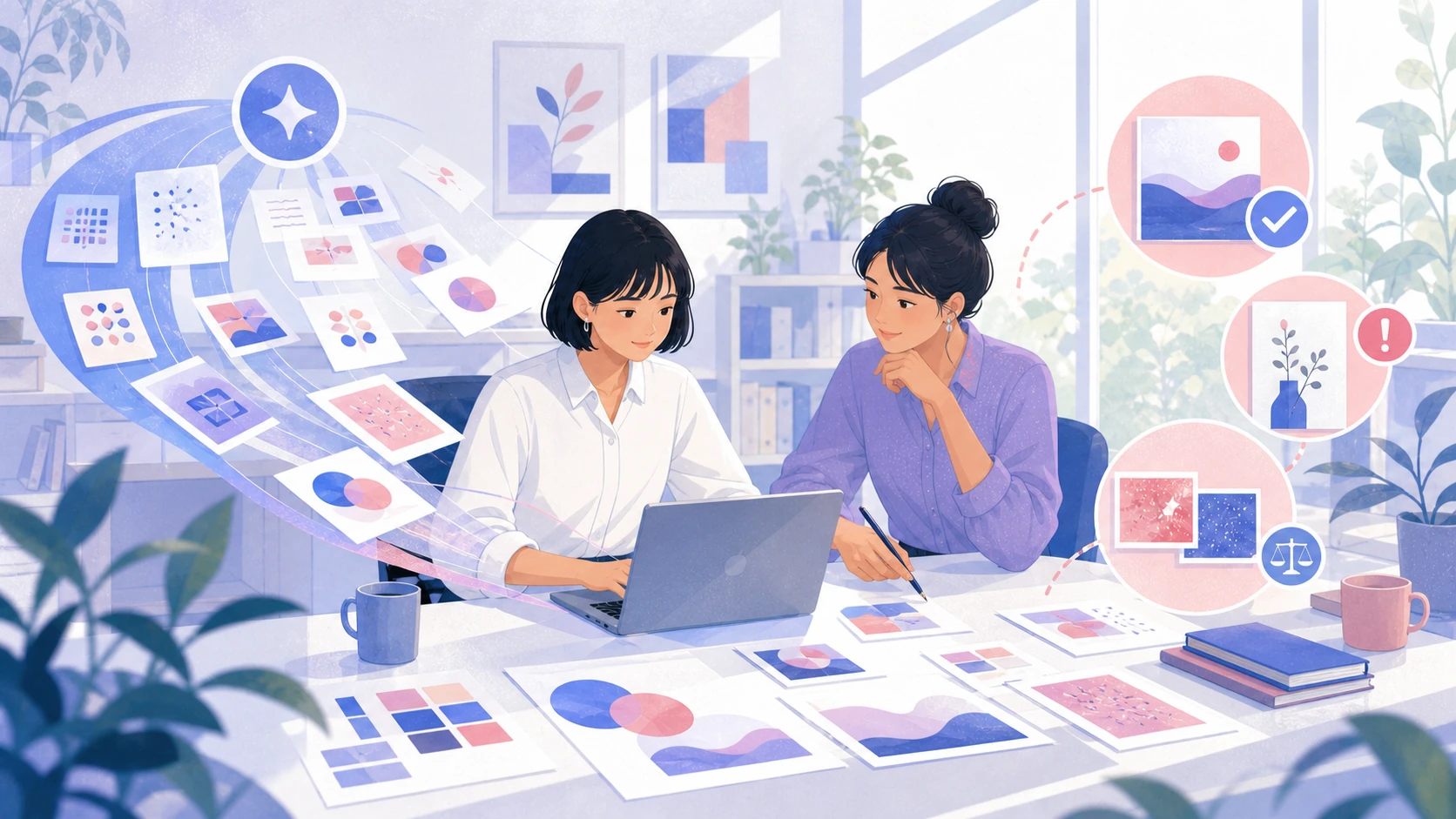 経験の浅い人と経験者がAIの案を見ながら、優先順位とリスクを一緒に確認する様子