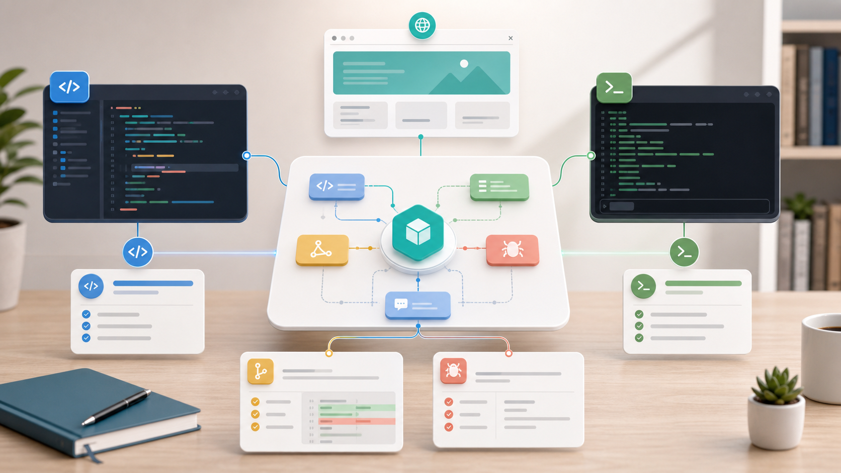 IDE、ターミナル、クラウドエージェント、レビュー、ブラウザ確認がつながるAIコーディング環境の比較イメージ