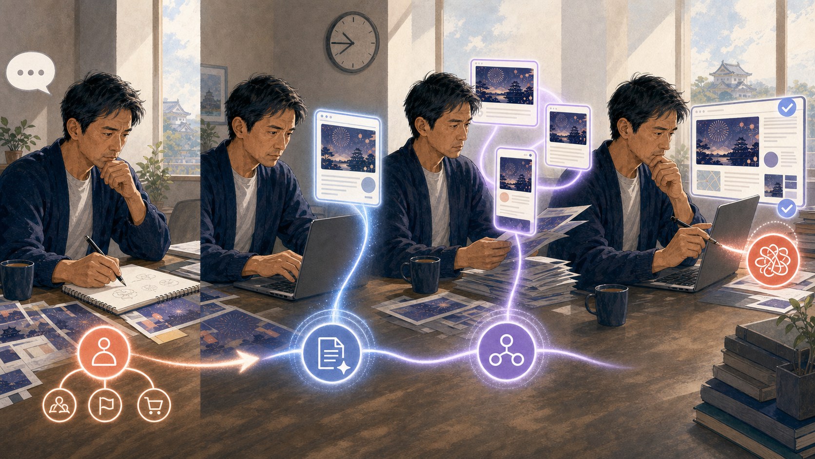朝の相談から告知公開までをChat、Luna、Terra、Solへ段階的に渡す仕事の流れ
