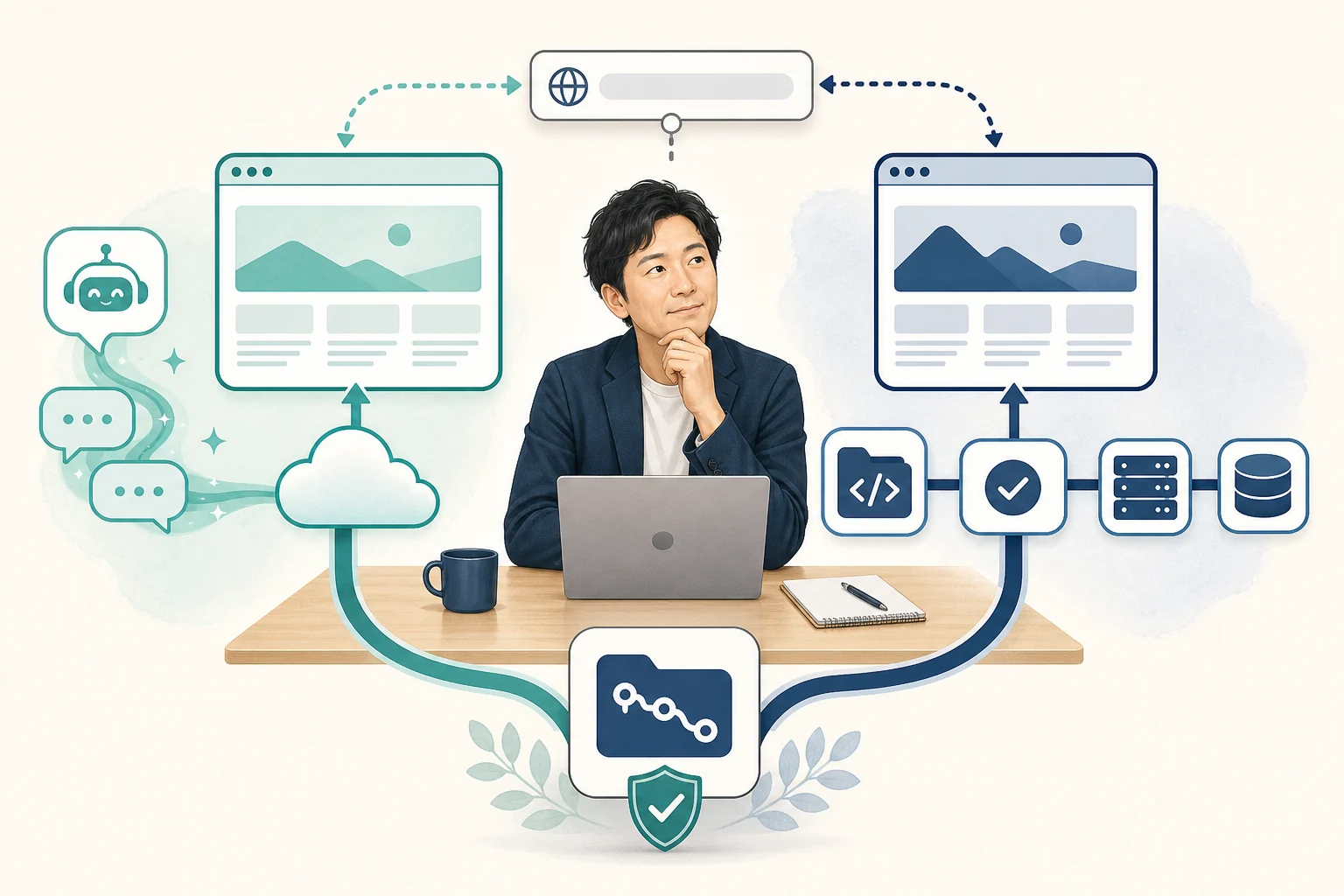 ChatGPT SitesとVercelの公開方法を比べ、GitHubを残した安全な移行経路を選ぶイメージ