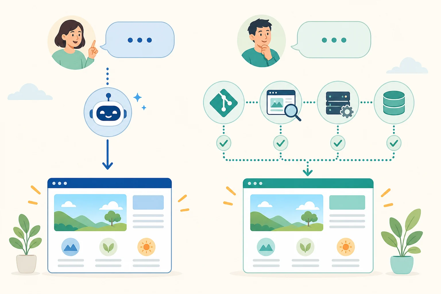 AIとの対話からすぐ公開するSitesと、GitHubやデータベースを細かく管理するVercelを比べたイメージ